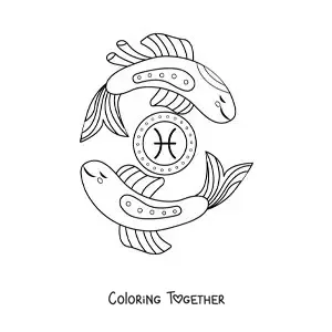 Coloring page of animated Pisces sign fish with its symbol