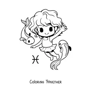 Coloring page of an animated kawaii girl of the Pisces sign with two fish