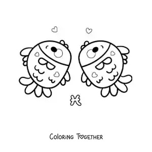 Coloring page of two kawaii Pisces sign fish