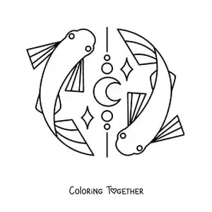 Coloring page of animated Pisces sign fish with a moon