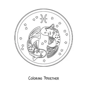 Coloring page of animated Pisces fish with stars and its symbol
