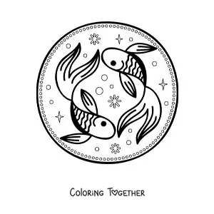 Coloring page of two animated Pisces sign fish with stars for kids