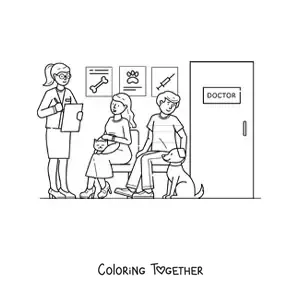 Coloring page of patients in the waiting room at a veterinary clinic