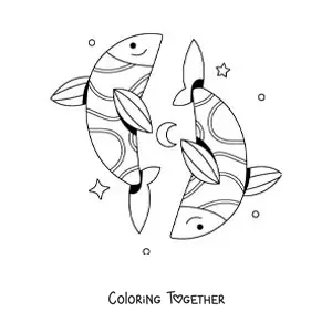 Coloring page of an easy animated Pisces sign symbol