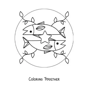 Coloring page of an animated Pisces sign symbol with leaves