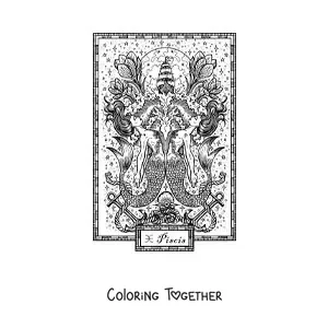 Coloring page of a Pisces sign card
