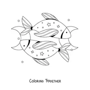 Coloring page of the two Pisces sign fish with stars