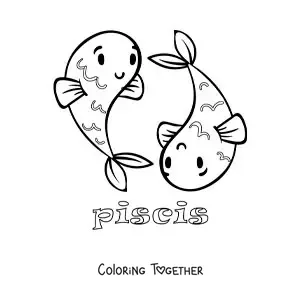 Coloring page of a Pisces sign cartoon with its name for kids