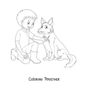 Coloring page of a boy dressed as a vet listening to a dog with a stethoscope
