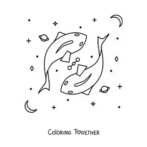 Coloring page of the Pisces zodiac sign symbol with celestial bodies