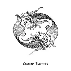 Coloring page of the Pisces zodiac sign symbol with flowers