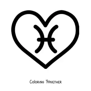 Coloring page of an easy Pisces symbol inside a heart