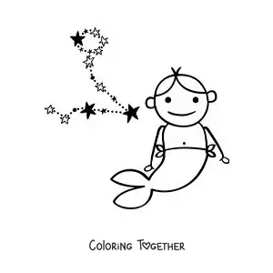 Coloring page of a cartoon of the Pisces sign mythology and its constellation