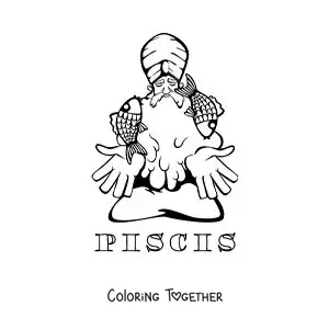 Coloring page of a cartoon for kids of a Pisces sign wizard with its name