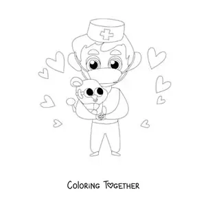 Coloring page of an animated vet holding a koala