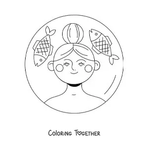 Coloring page of an animated girl of the Pisces sign