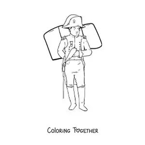 Coloring page of an animated Napoleon Bonaparte with the flag of France