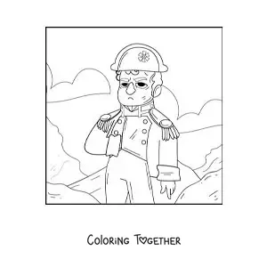 Coloring page of an animated Napoleon Bonaparte with his hat