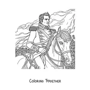 Coloring page of Napoleon Bonaparte on his horse in a realistic style