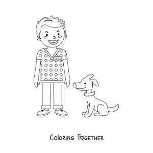 Coloring page of an animated vet next to a dog