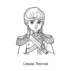 Coloring page of an animated Napoleon Bonaparte in his youth