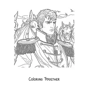 Coloring page of Napoleon Bonaparte in a battle in a realistic style