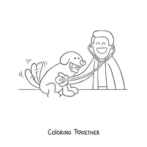 Coloring page of an animated vet examining a dog