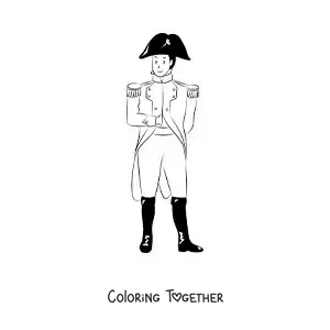 Coloring page of an animated Napoleon Bonaparte in his general's uniform