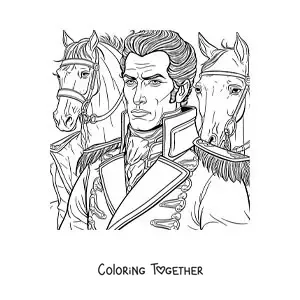 Coloring page of Simon Bolivar in a battle with horses