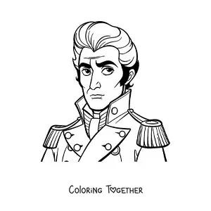 Coloring page of an animated Simon Bolivar in cartoon style