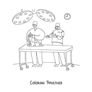 Coloring page of a dog and two vets in the operating room