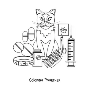 Coloring page of a cat next to the vet's instruments