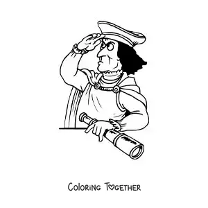 Coloring page of a cartoon of Christopher Columbus for kids
