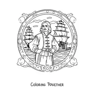 Coloring page of an animated Christopher Columbus with the caravels