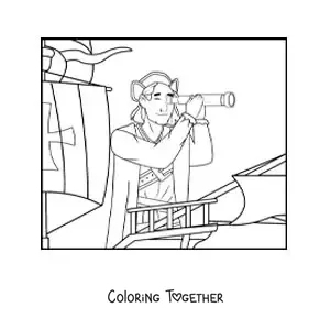 Coloring page of an animated Christopher Columbus with his spyglass