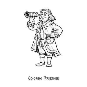 Coloring page of an animated Christopher Columbus looking through a spyglass