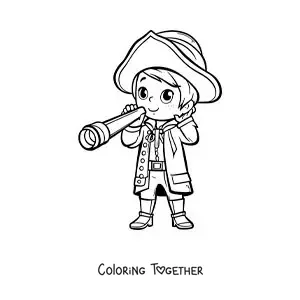 Coloring page of a kawaii Christopher Columbus with a spyglass