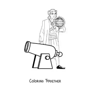 Coloring page of an animated Christopher Columbus with a cannon and a globe