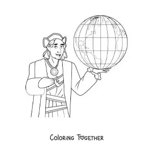 Coloring page of an animated Christopher Columbus with a globe