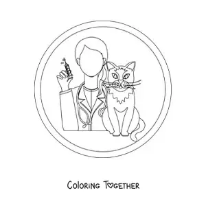 Coloring page of a woman vet and a cat