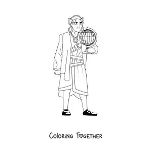 Coloring page of Christopher Columbus in cartoon style with a globe