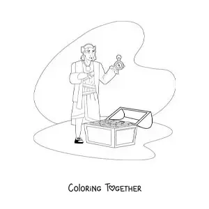 Coloring page of an animated Christopher Columbus with a treasure