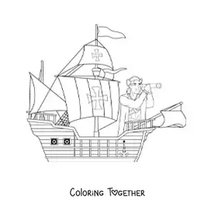 Coloring page of Christopher Columbus arriving in America on his ship