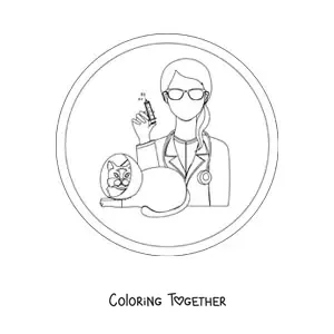 Coloring page of a woman vet and a cat with a cone collar
