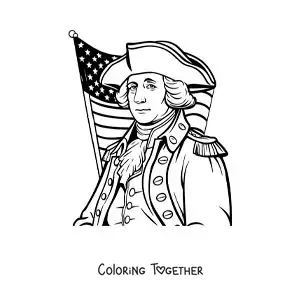 Coloring page of cartoon George Washington with the United States flag