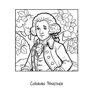 Coloring page of cartoon George Washington with a cherry tree