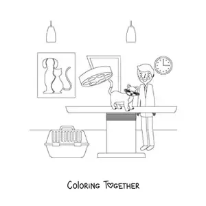 Coloring page of a vet and a cat at the veterinary clinic