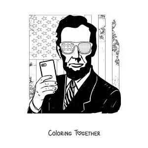 Coloring page of modern Abraham Lincoln with glasses and the United States flag