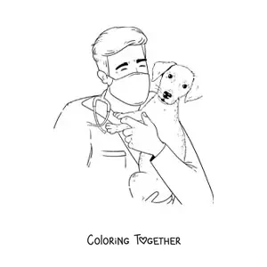 Coloring page of a vet holding a puppy