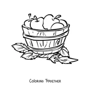 Coloring page of a wooden bucket full of apples and surrounded by leaves